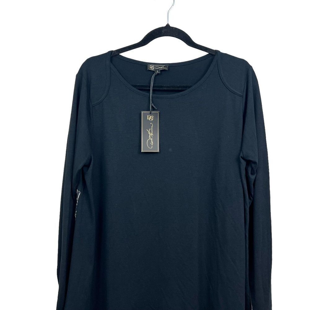 DG2 by Diane Gilman Womens Top Blouse Long Sleeves Pleated Floral Hem Black L* - Picture 2 of 5